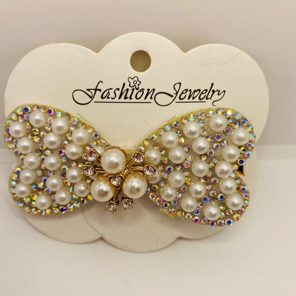 Hair Barrette Bow faux pearl crystals iridescent
